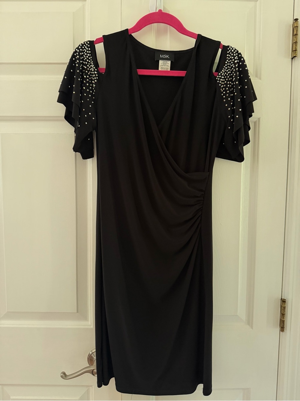 MSK Black Cold-Shoulder Rhinestone-Embellished Midi Dress